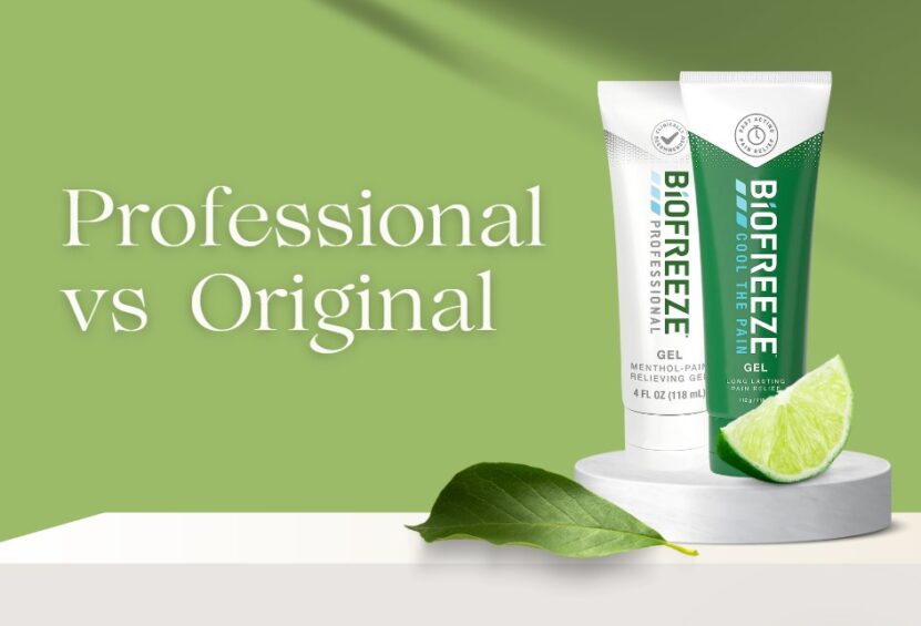 Two tubes of Biofreeze gel, one labeled “Professional” and the other “Original,” displayed on a light green background with a lime slice and leaf in the foreground