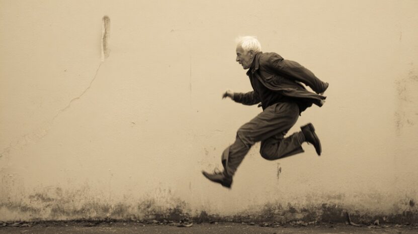 A senior man with white hair jumps energetically against a beige wall, captured in midair with a dynamic pose and motion blur