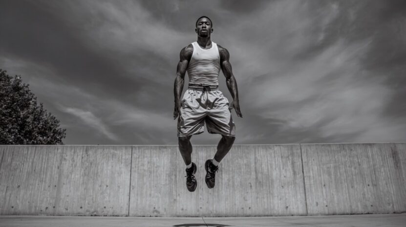 A man in athletic shorts and a tank top is captured mid-jump against a concrete wall and cloudy sky, highlighting his muscular form and balance