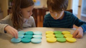Two children seated at a table tapping and arranging blue, green, and yellow discs as part of a coordination test