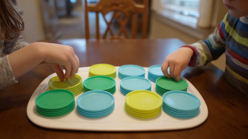 Two children seated at a table stacking and arranging blue, green, and yellow plastic discs on a white tray