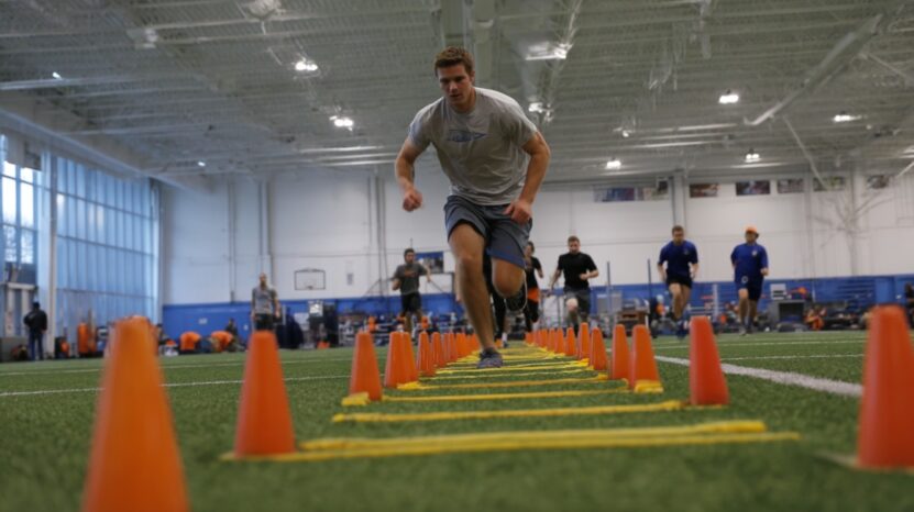 Man running through an agility ladder surrounded by orange cones during a fitness test in an indoor sports facility