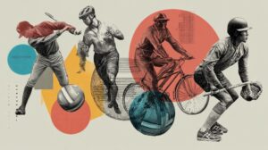 Artistic collage of athletes engaging in different unusual sports, including baseball, cycling, and other hybrid or obscure games, set against colorful geometric backgrounds