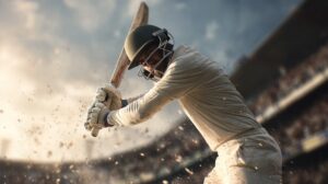 A cricket player in white uniform and helmet swinging a bat mid-action on a dusty field, with a blurred stadium crowd in the background